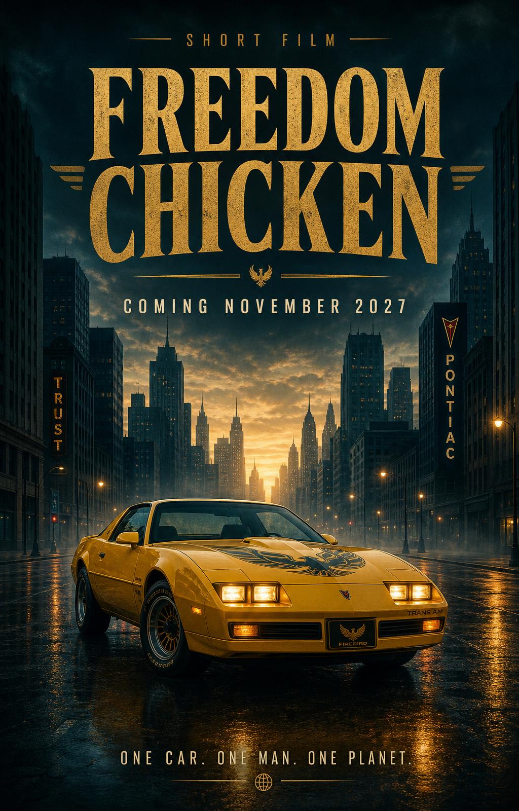 Movie poster for the short film Freedom Chicken: a yellow 1985 Firebird alone in a deserted city, with the tagline One car. One man. One planet.